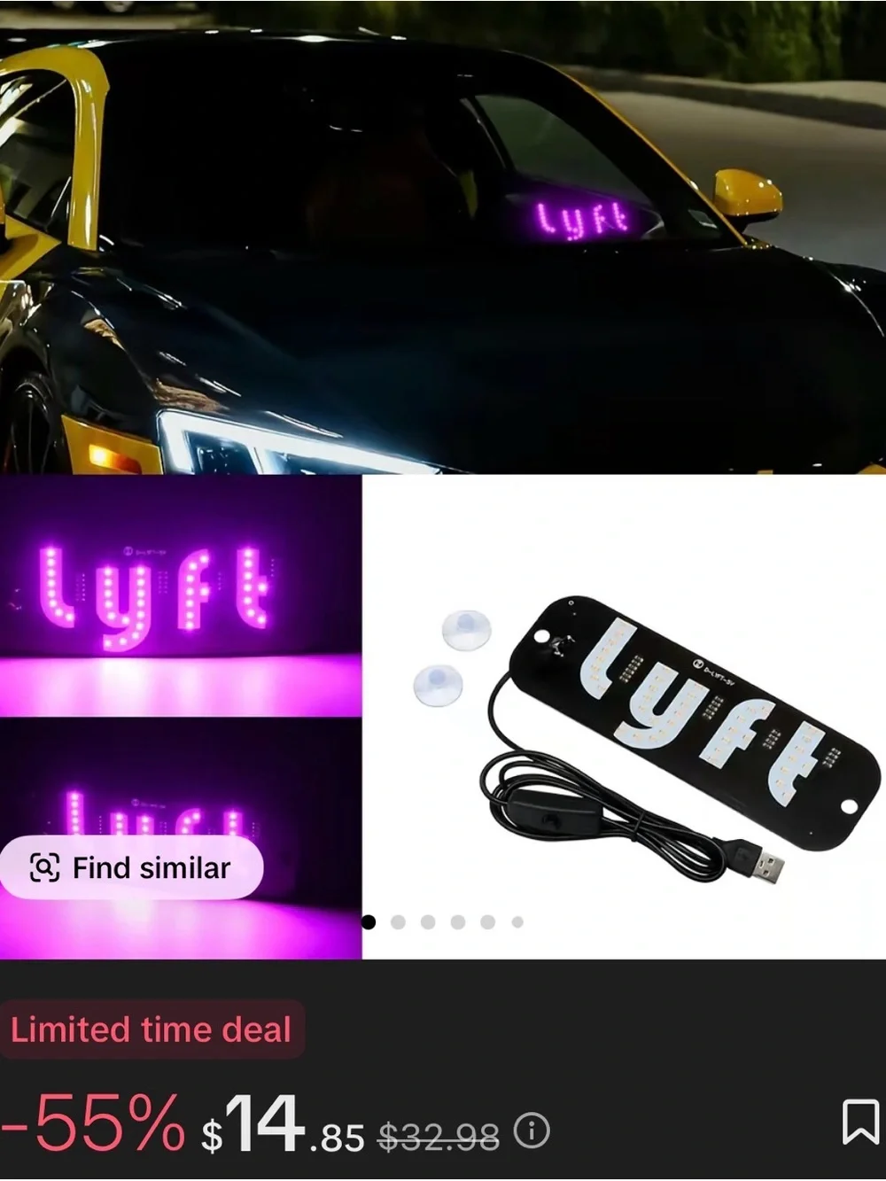 Lyft LED Car Sign Light - USB Powered, High Brightness Purple Glow Display Lamp